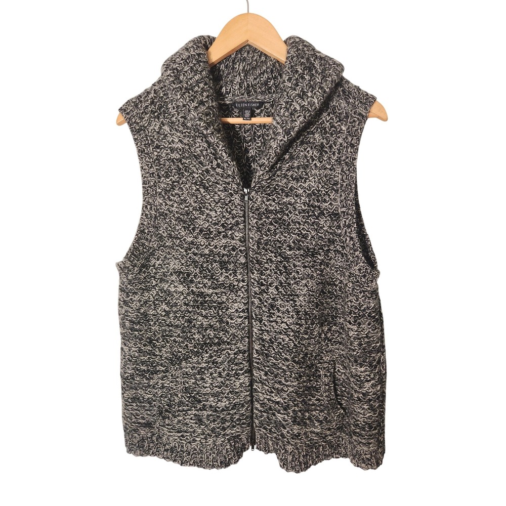 Eileen Fisher Chunky Knit Vest XL Grey Yak Merino Wool Full Zip Shawl Collar